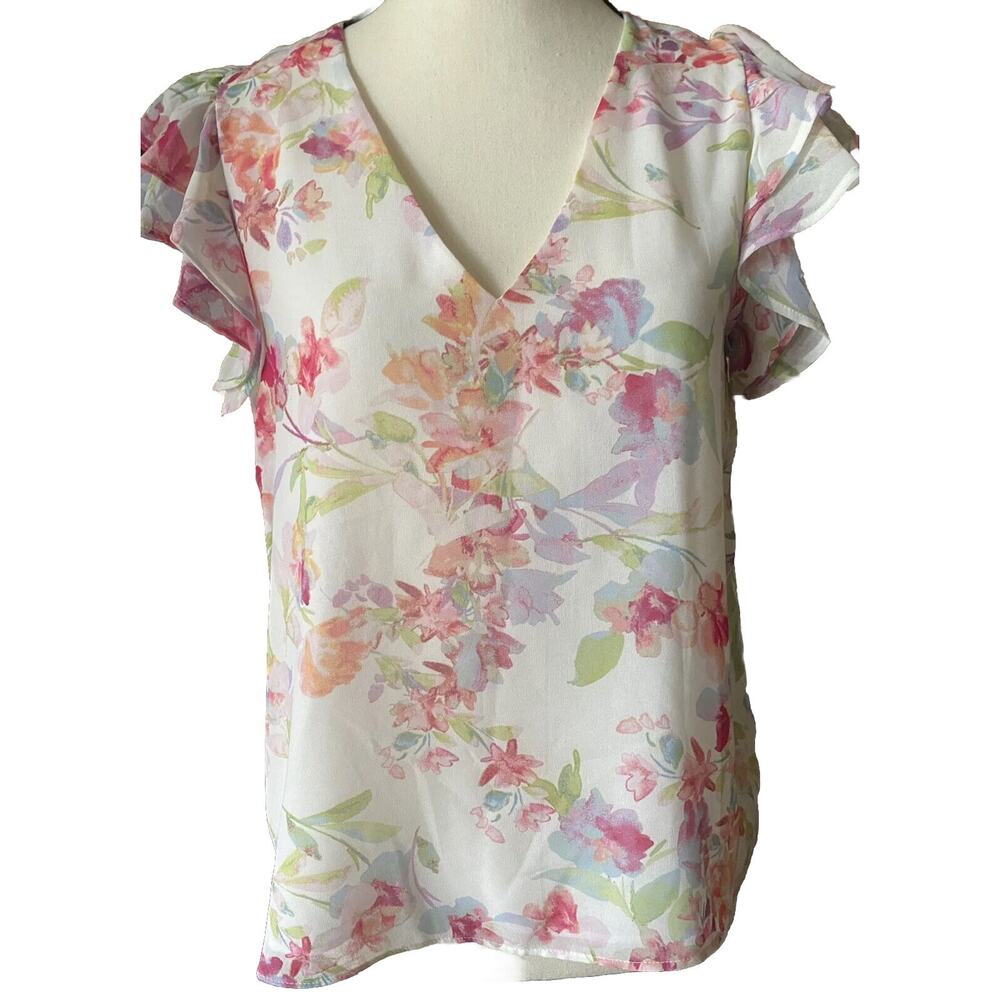 1.State Sz XS Pink Floral V Neck Cottage Core Layered Flutter Sleeve